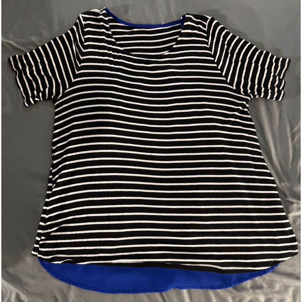 Striped Short Sleeve Top Layered Chiffon Split Back Pleated Blouse Size 1X
